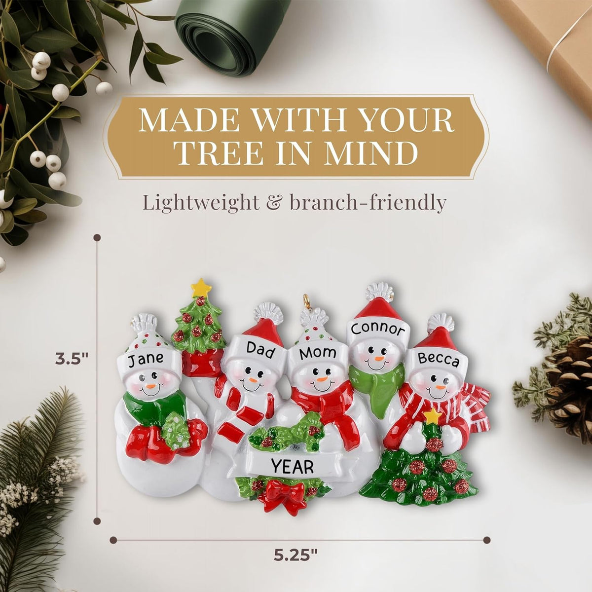 Personalized Family of 5 Ornament 2025 | Free 24h Customization | Laser Engraved Snowman Christmas Ornaments for Tree | Custom Gift Wrapped Festive Holiday Keepsake for Five Persons