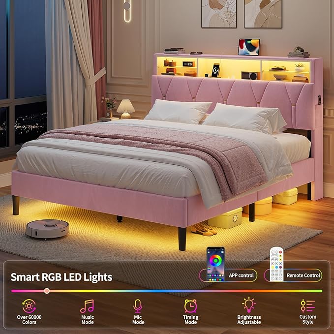 Full Size Bed Frames with Storage Headboard,Power Outlet, Modern Velvet Upholstered Platform Bed LED Bed Frame with 5 Storage Shelves, No Box Spring Needed, Pink