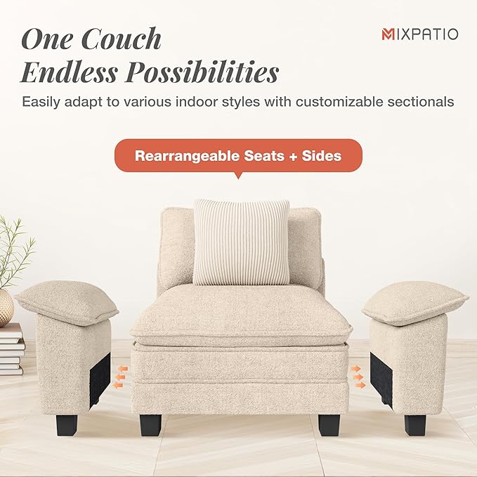 U-Shaped Cloud Modular Sofa Set, Deep Seat 3-Piece 6-Seater Sectional Couch & Removable Arms, Plush Chenille for Living Room - Beige