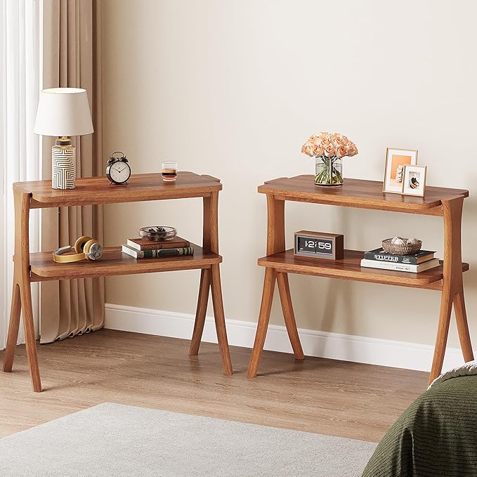 Tribesigns Walnut Side Table Set of 2, Narrow End Table with 2-Tier Storage Shelf and Solid Wood Legs, Slim Modern Bedside Table Nightstand for Living Room, Bedroom, Small Spaces (2)