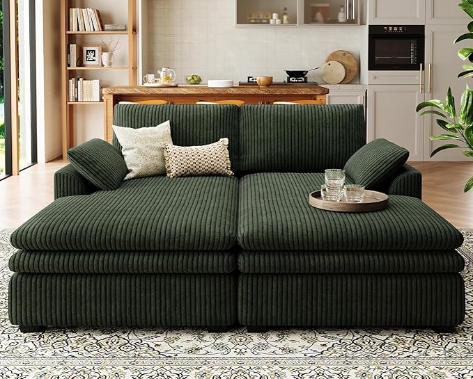 Belffin Large Modular Sectional Sofa with Deep Chaise, 73.6" Corduroy L Shaped Couch with 9" Soft Dual-Layer Seats Cushion for Living Room, Apartment, Green