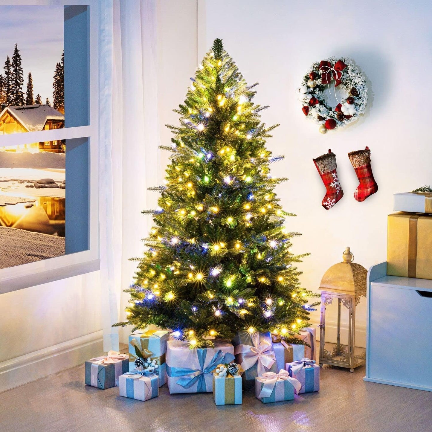 Naomi Home 4.5ft Christmas Tree with Multi-Color Lights, Realistic Fir with Colored Lights with Controller, 810 Branch Tips, 300 Colorful Lights and Metal Stand, Pre Lit Tree