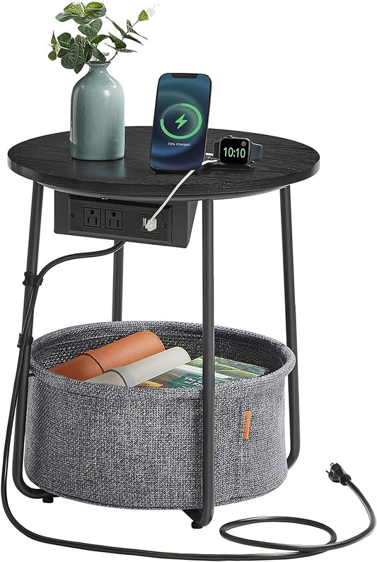 VASAGLE LILEA Collection - Side Table with Charging Station, Round End Table with Fabric Basket, Nightstand with USB Ports, for Living Room, Bedroom, Modern, Ebony Black and Slate Gray ULET228B01