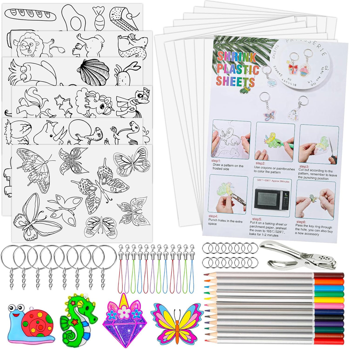 Natonhi 239Pcs Heat Shrink Plastic Sheets Keychain Kit, Including 40 Shrinky Art Paper,6 Traceable Picture, Hole Punch, Pencils, Keychains Accessories for Kids Shrinky Dinks Creative Craft Marking