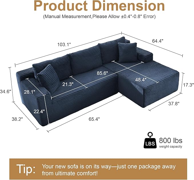 105" Sectional Couches for Living Room Cloud Couch Sofa with L-Shape Upholstered Boneless Couchs Modern Modular Sectional Couch with Chaise (Blue, 105''W Right Facing Chaise)