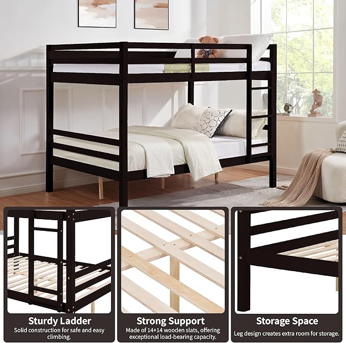 Full Over Full Bunk Bed with Thick Posts,Wooden Bunk Bed with High Guardrail and Ladder for Kids, Teens, Dorm Rooms, and Guest Rooms,No Box Spring Needed, Espresso