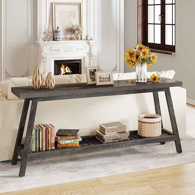 Tribesigns Farmhouse Console Entryway Table: 70.9 Inches Extra Long Console Table for Entryway, 2-Tier Narrow Wood Foyer Sofa Couch Table for Hallway, Entrance, Living Room, Dark Brown