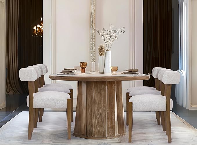 Modern Dining Chairs Set of 2, Walnut Upholstered Kitchen & Dining Room Chairs, Mid Century Modern Wooden Dining Chairs Oversized Sturdy Rounded Chairs Curved Back, Beige Fabric