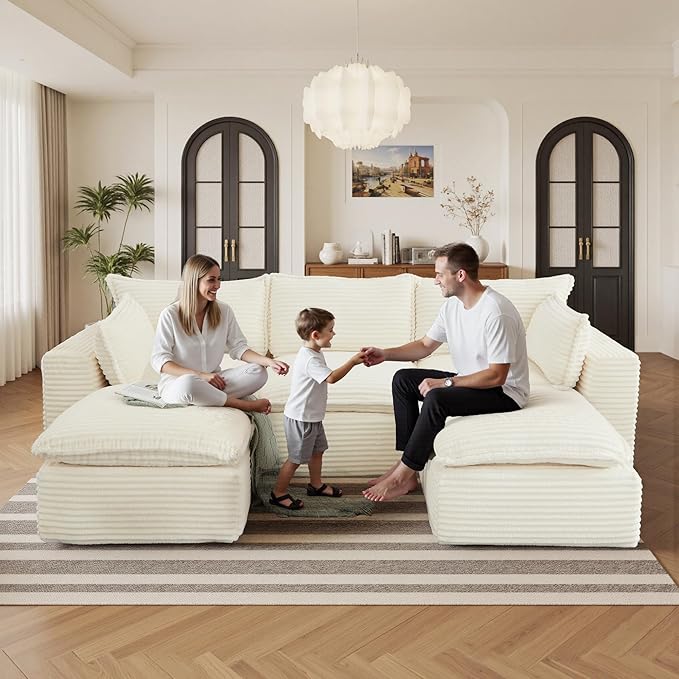 108" Sectional Couches for Living Room Boneless Couch Upholstered Cloud Couch Sectional Modular Sectional Sofa with L Shaped (Corduroy-White, 3 Seat+2 Ottoman)