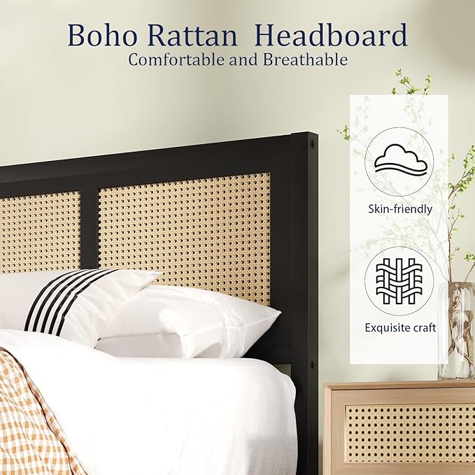 Rattan Bed Frame King, Boho King Bed Frame and Headboard, Metal Platform King Size Bed Frames with Strong Slats Support, No Box Spring Needed, Noise Free, Easy Assembly, Black