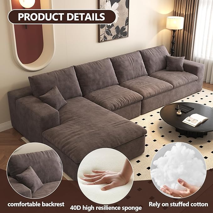 136.6'' L-Shaped Modern Modular Sectional Cloud Couch, 4-Seat Chenille Deep-Seat Sofa with Pillow for Living Room, Bedroom, Apartment, Camel