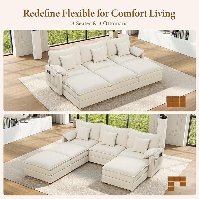Vesgantti 108" Sectional Sleeper Sofa, 6-Seater Oversized Modular Cloud Couch with Movable Ottoman, Chenille Large Sofa Bed Convertible Deep Seat Couches for Living Room, Bedroom and Apartment, White