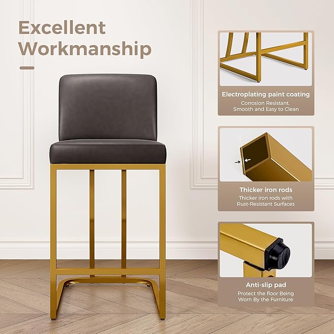 MAISON ARTS Counter Height Bar Stools Set of 3 with Back for Kitchen Counter 24 inch Modern Gold Barstools Upholstered Faux Leather Farmhouse Bar Chairs Island Stools Support 330LBS, Grey+Gold