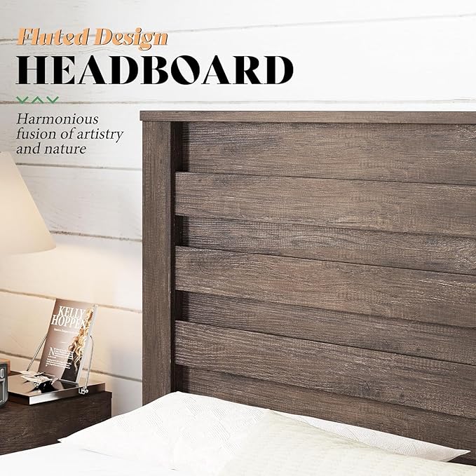 AMERLIFE Farmhouse King Platform Bed Frame with 49" Fluted Headboard, Wooden Bed with Natural Grain Finish, Noise-Free, No Box Spring Required, Easy Assembly, Grey
