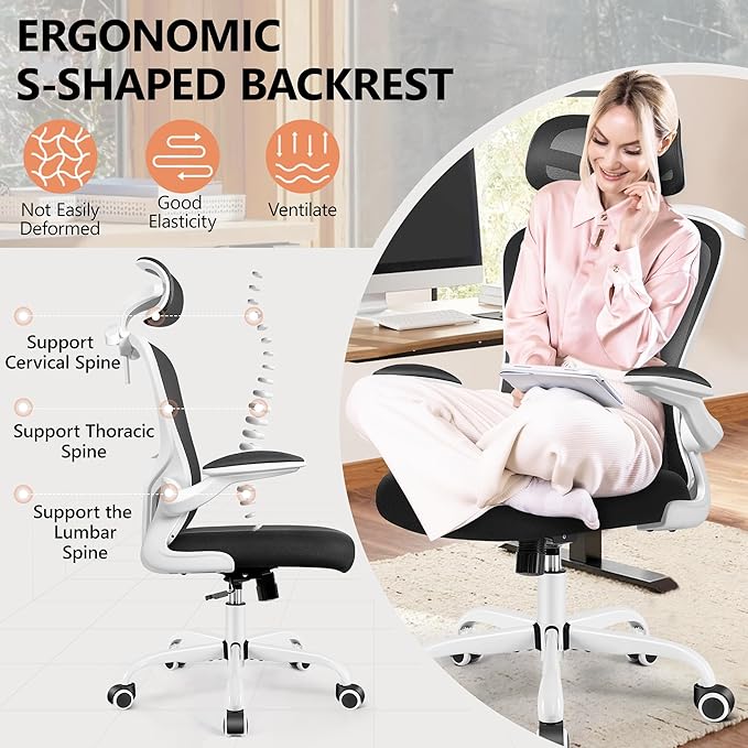 FelixKing Office Chair with Headrest, Ergonomic Desk Chair with Wheels, Task Swivel Comfy Chair with Adjustable Lumbar Support, Breathable Mesh Computer Chair with flip-up Armrests for Home (White)