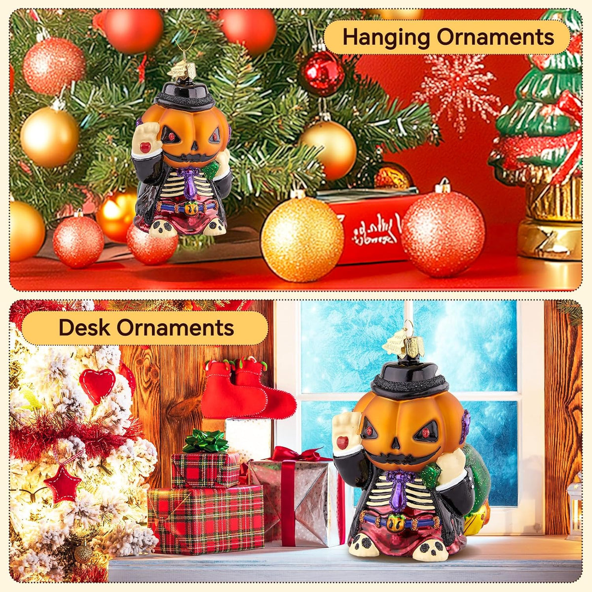 Pumpkin Christmas Tree Ornaments,Hand-Blown Glass Ornaments,Jack-O'-Lanterns Collection Figurine Hanging Ornaments,Christmas Decorations for Halloween Party Holiday Home Gifts