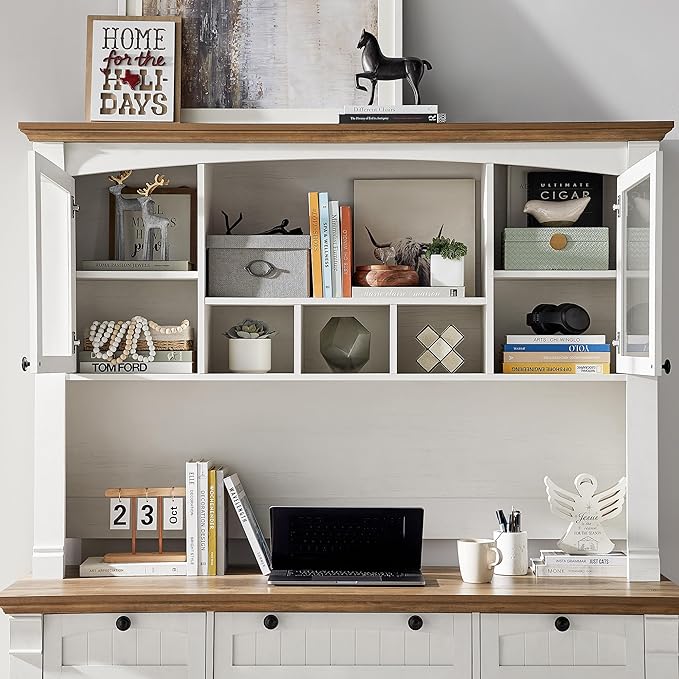 OKD Farmhouse Hutch for 60" Executive Desk, Office Desk Storage Cabinet with Glass Doors and Shelves, Top Hutch Organizer for Home Office - Antique White