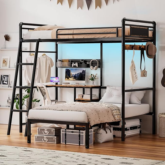 Bunk Bed Twin Over Twin, Industrial Heavy Duty Metal Bed with LED Lights & Charging Sation, bunk beds for Kids, School, Bedroom, Safety Guardrail and Ladder