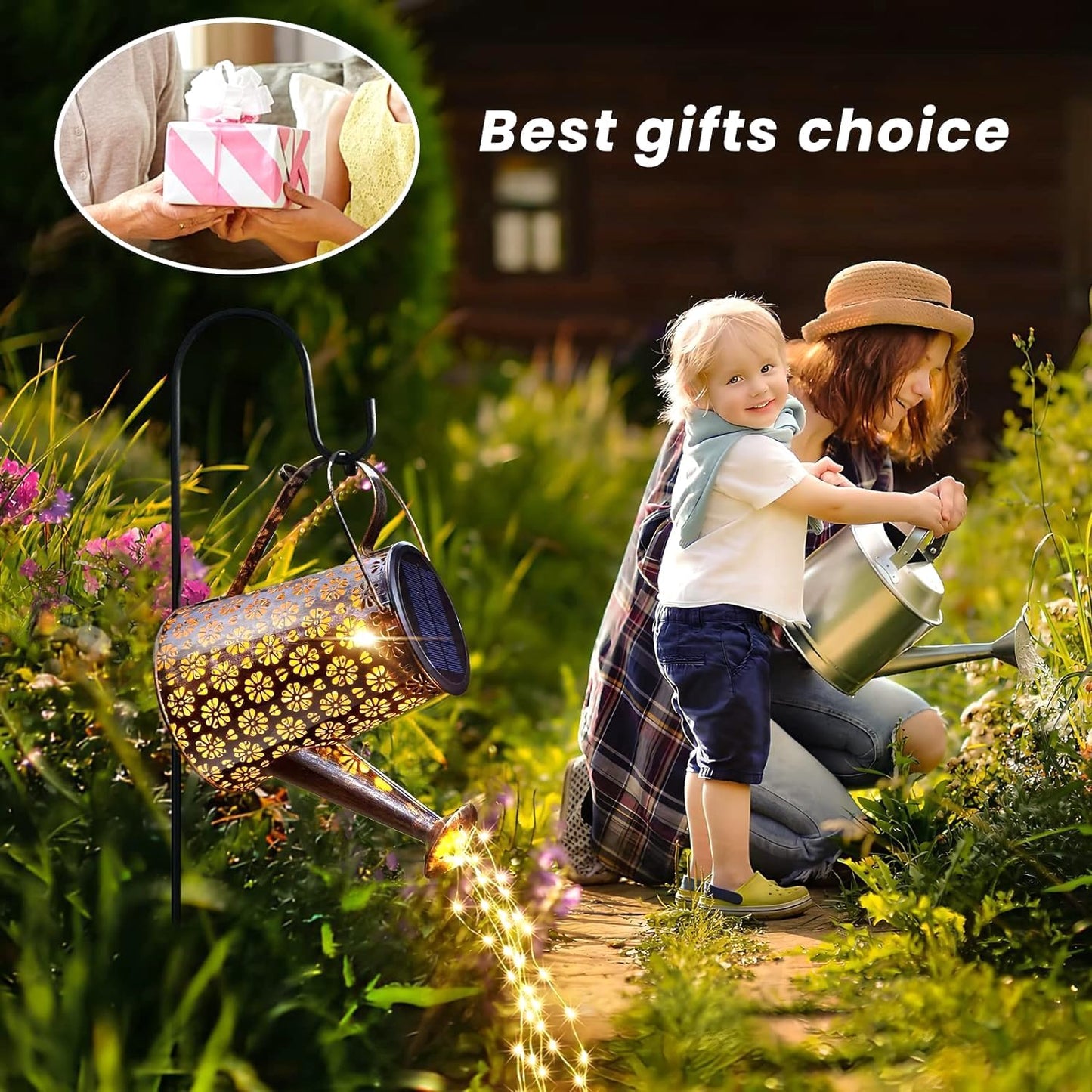 2 Pack Solar Watering Can Lights with Shepherd Hook, 8 Multi-Color Changing Modes, IP65 Waterproof, 60pcs String Lights for Outdoor Garden Pathway Lawn Patio Deck Walkway Courtyard