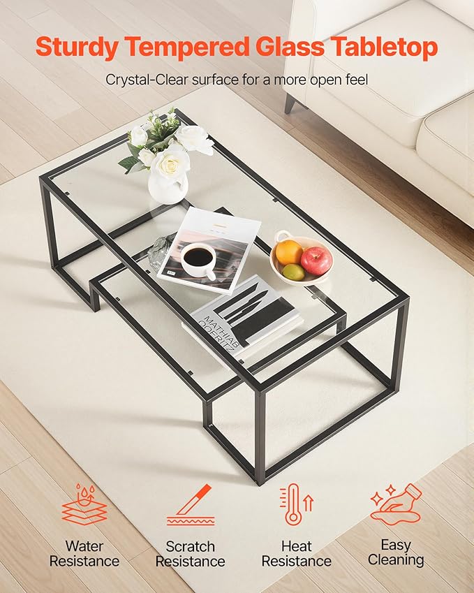 VEVOR Coffee Table, Modern Tempered Glass Coffee Table, 2 Tiers Rectangle Glass Center Desk with Open Storage, Minimalist Sturdy Metal Frame Accent End Desk for Living Room, Office, Easy Assembly