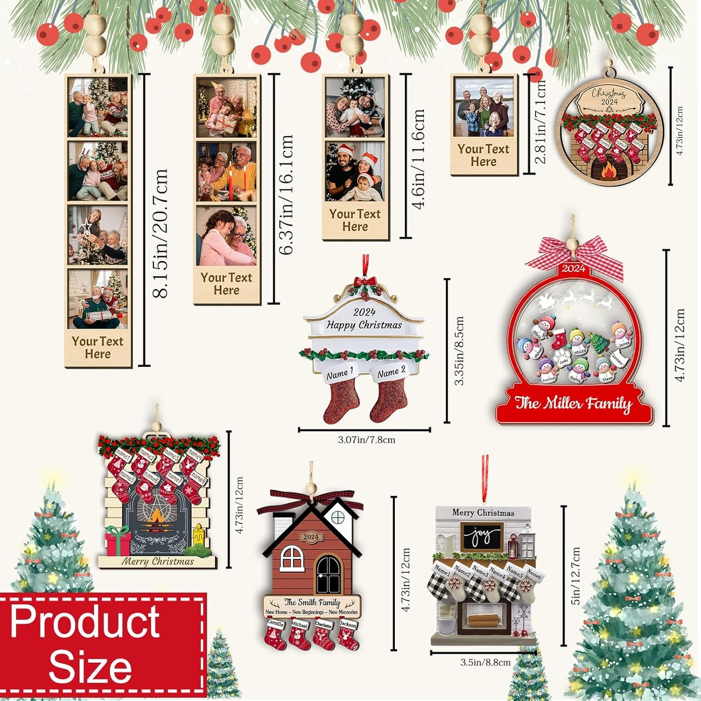 Personalized Christmas Ornaments with Names of 2/3/4/5/6/7/8 Custom Family Ornament Customized Xmas Tree Hanging Wood Decoration Gift Round Fireplace