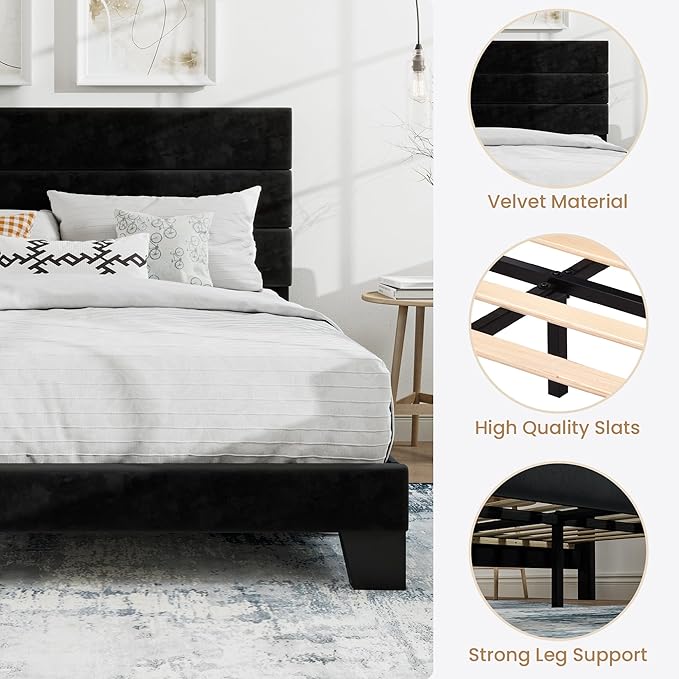 SHA CERLIN Full Platform Bed Frame with Velvet Upholstered Headboard, Mattress Foundation with Strong Wooden Slats Support, No Box Spring Needed, Black