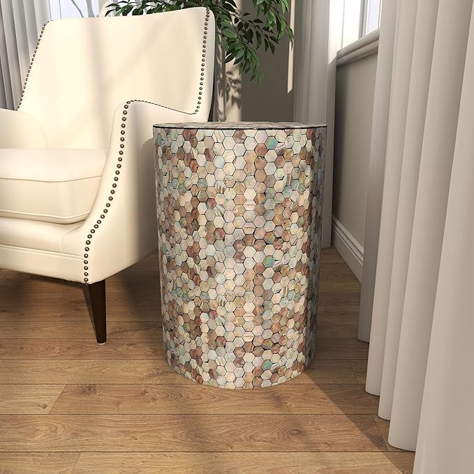 Deco 79 Mother of Pearl Shell Geometric Handmade Side End Accent Table Mosaic End Table, Side Table 14" x 14" x 20", Multi Colored