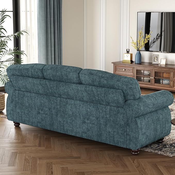 ONBRILL 90 Inch Nailhead Trim Couch for Living Room, 23 Inch Deep Seat Rolled Arm Sofa, Comfy Upholstered 3 Seater Chenille Couch w/Wooden Leg, Large Traditional Sofa for Farmhouse, Teal