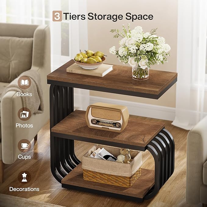 Tribesigns Small End Table, Narrow Side or Bedside Stand, 3 Tier Design Accent Table with Metal Frame, Industrial Vintage Nightstand for Living Room, or Small Spaces (2, Brown)