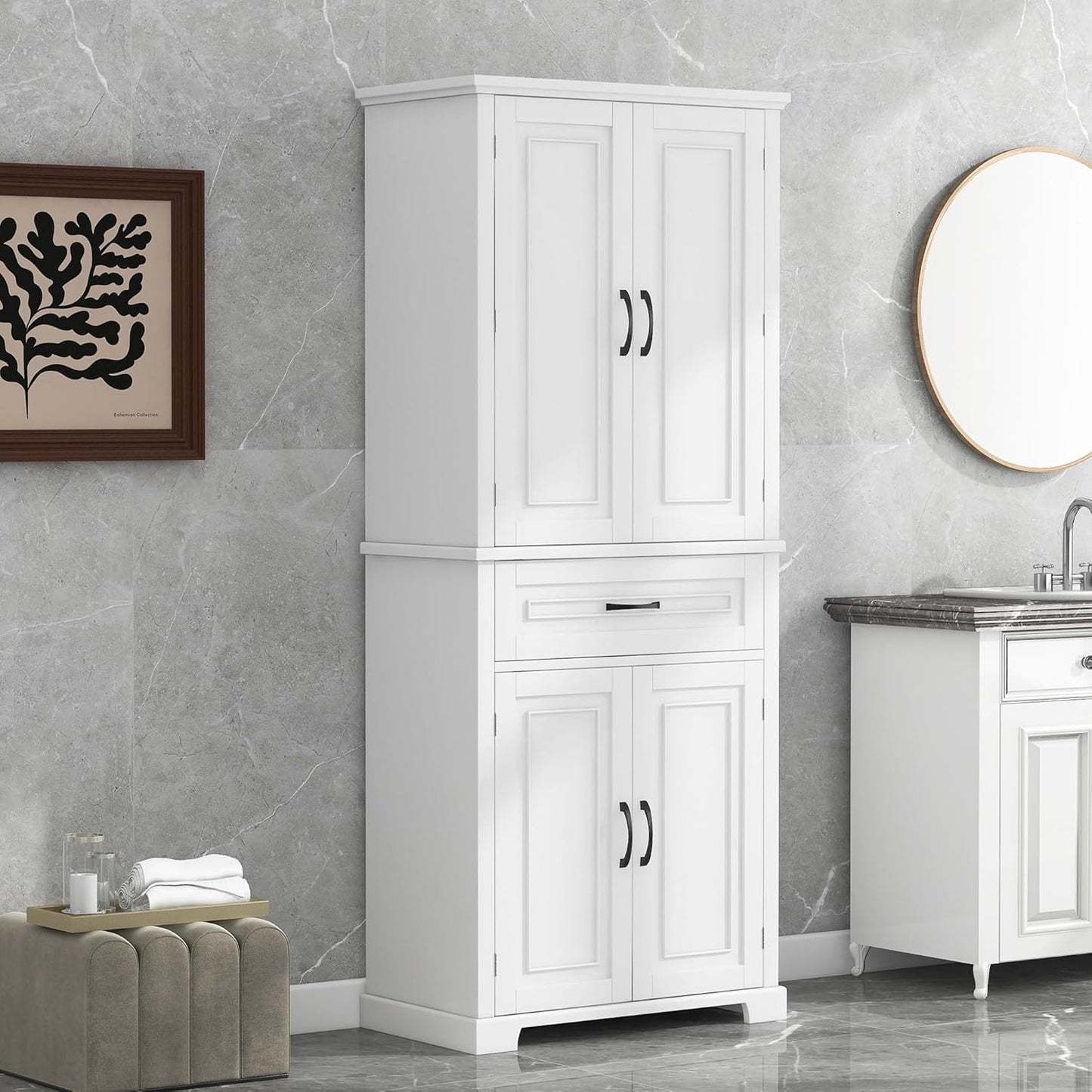 72.2" Tall Storage Cabinet with 4 Doors and Drawer, Freestanding Linen Cabinet, Wooden Pantry with Adjustable Shelf for Kitchen, Bathroom, Living Room White