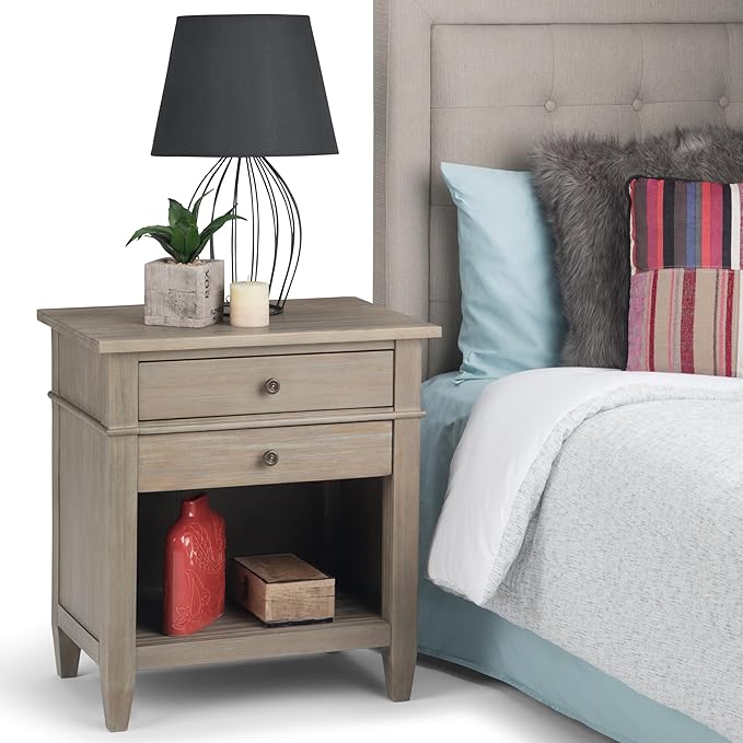 SIMPLIHOME Carlton Bedside Table - 24 inch Wide Solid Wood Nightstand Table in Distressed Grey, Transitional Bedroom Side or End Table with 2 Drawers, Open Storage Shelf and Bronze Hardware