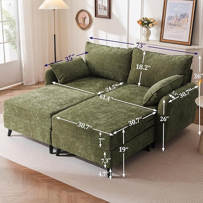 73'' Loveseat Sofa with All Seats Storage, Modular Sectional Couch with Movable Ottoman,Oversized Comfy Couch, 7.8'' Thick Cushion,24.5'' Deep Seat,for Living Room,Bedroom,Apartment,Velet,Green