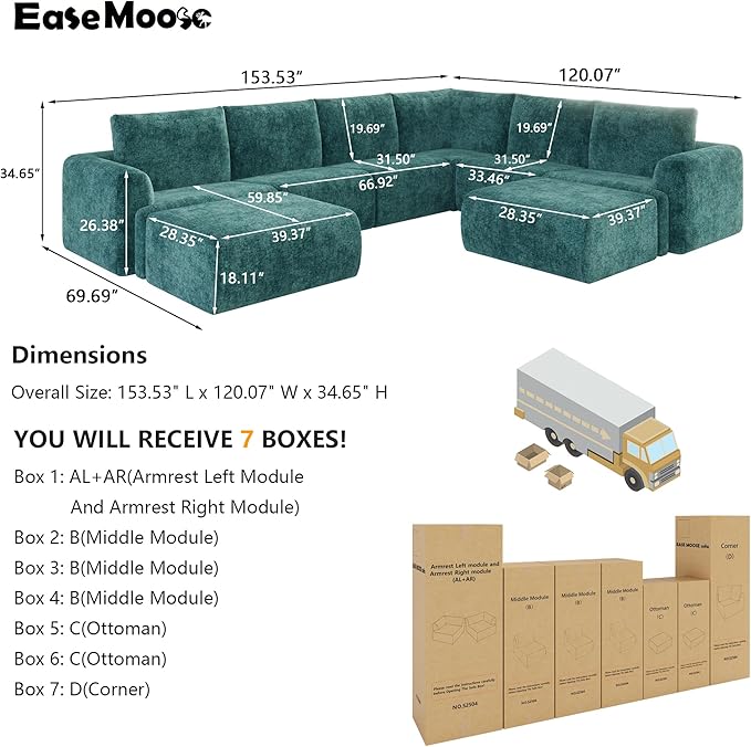 EASE MOOSE Oversized Sectional Cloud Couch, 8-Seat Modular Couch Set, Corner V-Shaped Deep-Seat Boneless Sofa, No-Assembly Chenille Sofa for Living Room, Blue