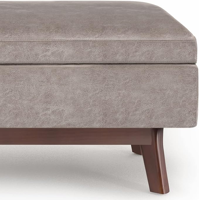 SIMPLIHOME Owen 36 inch Wide Mid Century Modern Small Rectangular Storage Ottoman in Distressed Grey Taupe Vegan Faux Leather, Assembled, For the Living Room, Entryway and Family Room