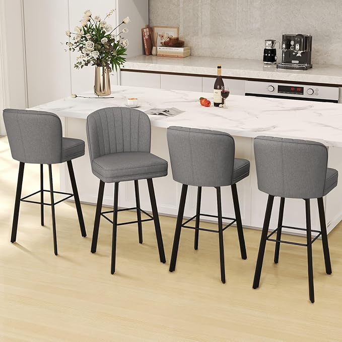 Swivel Counter Height Bar Stools Set of 4, 30'' Modern Barstools with Backs and Metal Legs, Upholstered Bar Chairs,Mid-Gray,Fabric Stools for Kitchen Island Chairs