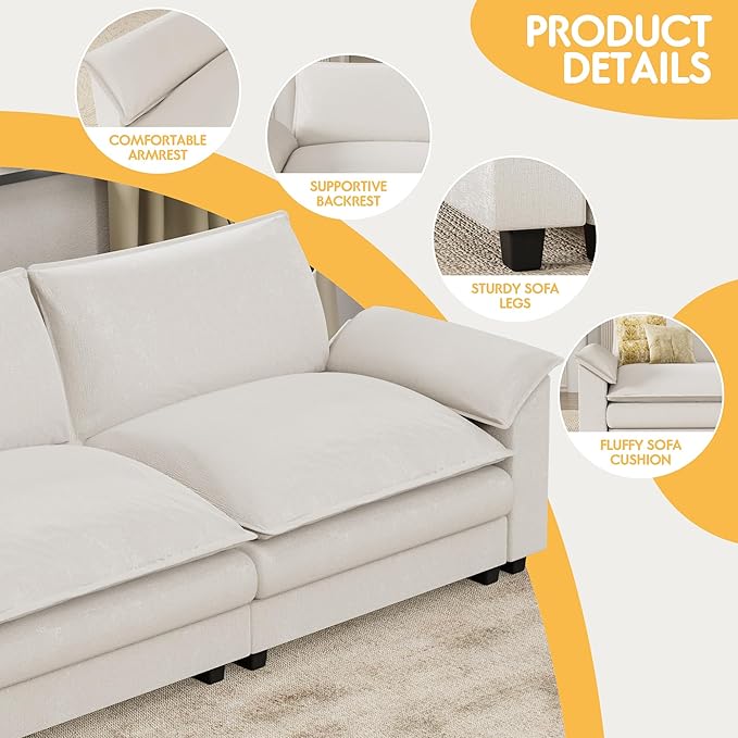 Homall 159" Modular Sectional Sofa, Linear Sofa Couch with Double-Layer Cushion, DIY Combination Chenille Deep 4-Seat Cloud Couch for Living Room, Apartment (White, Linear Sofa)