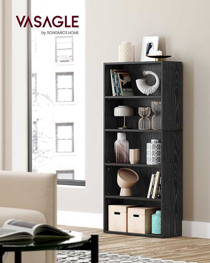 VASAGLE CUSTOS Collection - Bookshelf, 5-Tier Bookcase, Book Shelf, Open Storage Shelf, 9.4 x 23.6 x 52.8 Inches, for Living Room, Home Office, Dinning Room, Ebony Black ULBC165T56