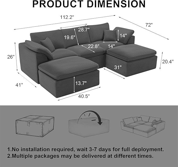 112" Cloud Sectional Couch, Boneless Couches for Living Room, U Shaped Couch with Convertible Ottoman, Modular Sectional Sofa with Deep Seat, Comfy Soft Cushions, No Assembly, Gray