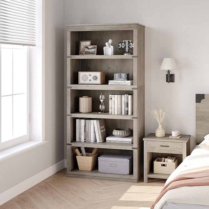 IDEALHOUSE 5 Tier Bookcase, Farmhouse Book Shelf with Storage Open Display Bookshelves, 67.4" Tall Book Case Wooden 5 Shelf Bookcase Home Decor Furniture for Home Office, Living Room, Bed Room - Grey