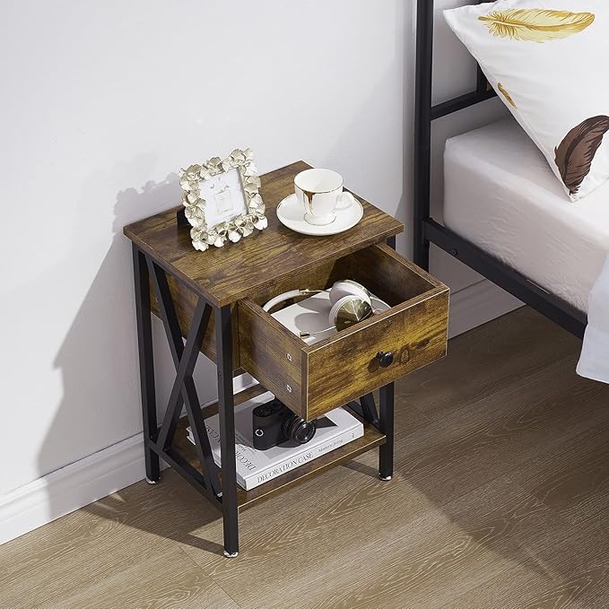 VECELO End Tables, Modern Nightstand with Drawer & Shelf, Night Stand for Bedroom Living Room,Industrial Metal Frame