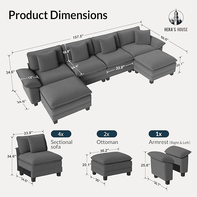 HERA'S HOUSE 158" Modular Sectional Sofa, Oversized U Shaped Couches for Living Room, Comfy Cloud Couch with Ottoman, 6-Seater Deep Seat Sofa with Throw Pillow, Corduroy Grey