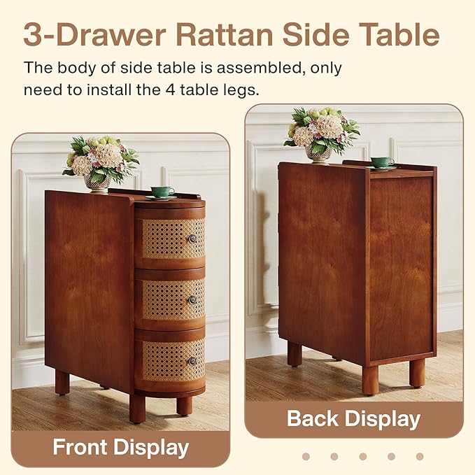 Tribesigns Solid Wood End Table, 3-Drawer Rattan Side Table, Night Stand with 3 Rattan Drawers and Exquisite Embossed Handles for Living Room, No Assembly Required (Walnut & Oak, 1PC)