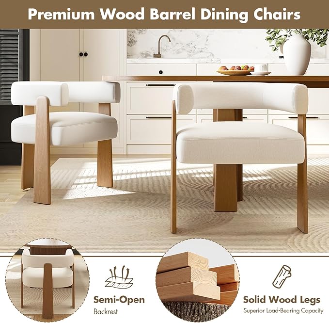Upholstered White Velvet Dining Chairs Set of 2, Boho Modern Barrel Accent Armchairs, Thick Padded Seat & Natural Wooden Legs, Mid Century Inspired Kitchen/Dining Room Chairs, Creamy White