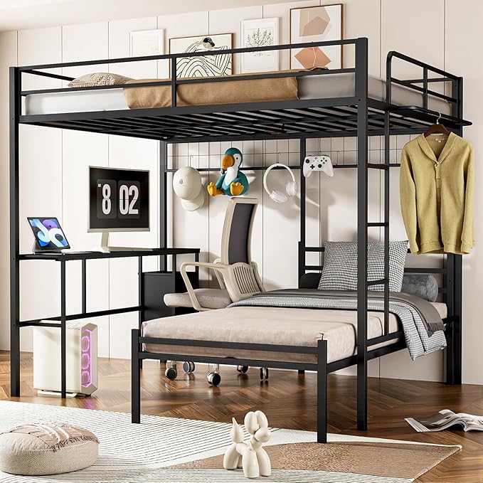Queen Over Twin Bunk Bed with Desk - Detachable Queen Loft Bed with Drawers & Shelves, L-Shaped Create Spacious Home Office or Lounge Underneath - Sturdy Metal Frame Family-Friendly for All Ages