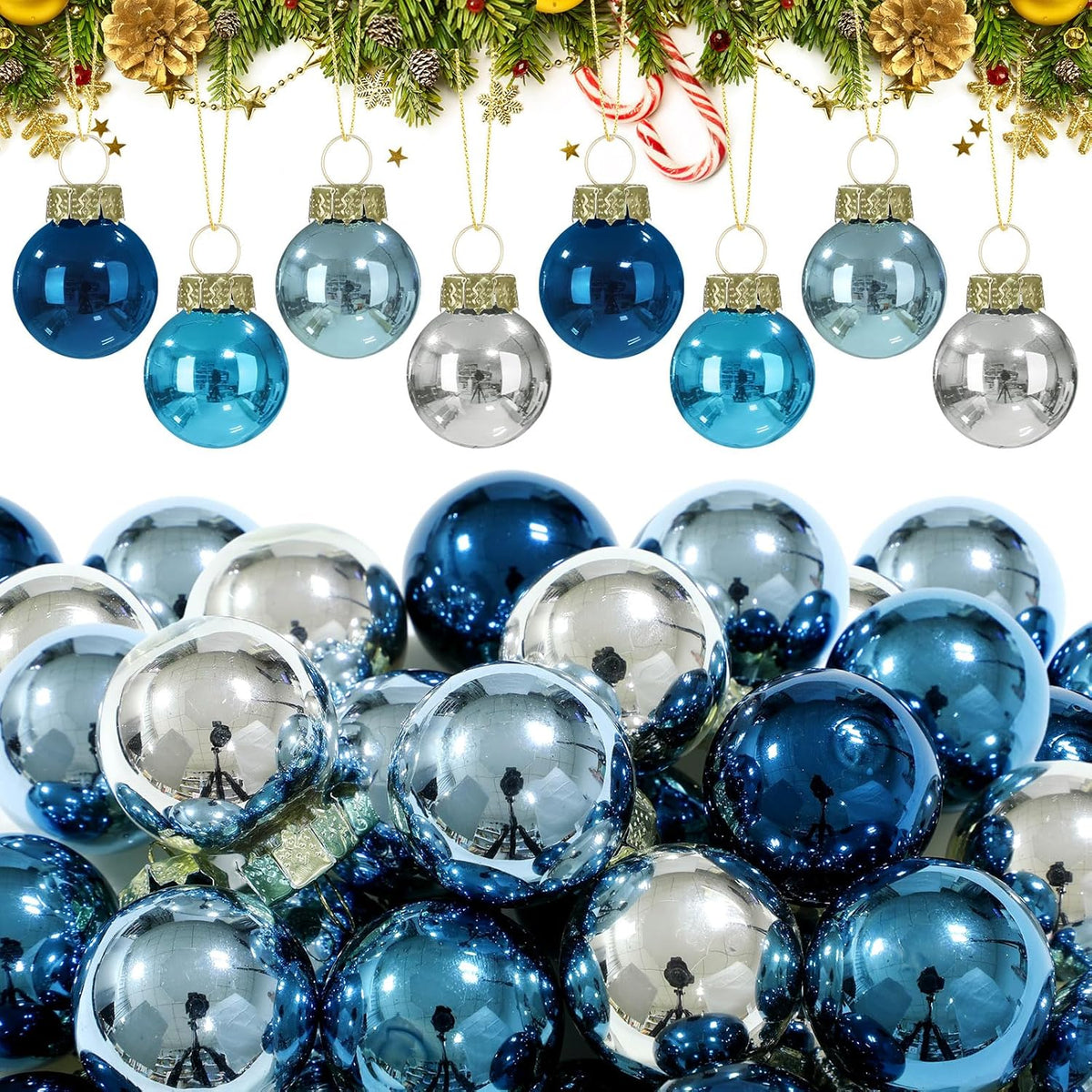 Tioncy 32 Pcs 1 Inch Mini Glass Christmas Ornaments Balls Shiny Christmas Balls Tiny Tree Hanging Decoration Small Colorful Ball Pendant for Xmas Party Supplies(Blue and Silvery)