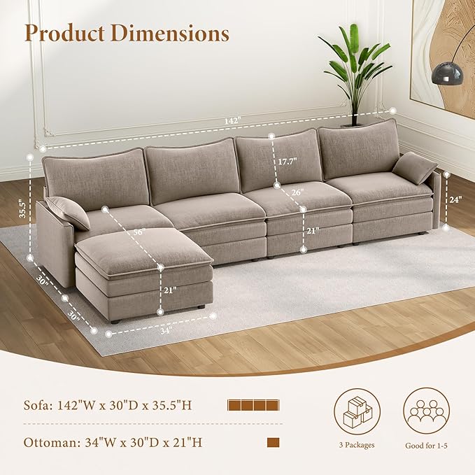 Vesgantti 142" Cloud Couch Sectional Modular Sofa, Comfy Sectional Couch with Ottoman Deep Seat Chenille L Shaped Sofa, Modular Couches for Living Room, Bedroom and Apartment, Light Brown