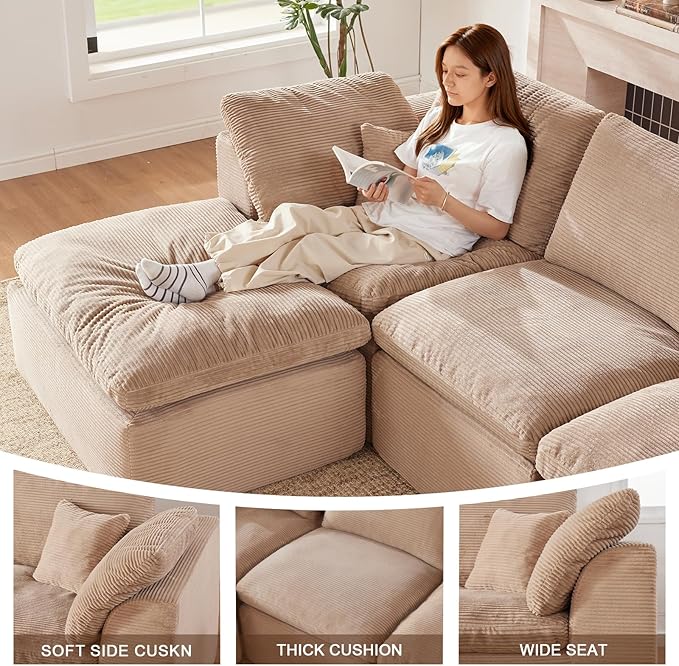 112" Cloud Sectional Couch, Boneless Couches for Living Room, U Shaped Couch with Convertible Ottoman, Modular Sectional Sofa with Deep Seat, Comfy Soft Cushions, No Assembly, Camel