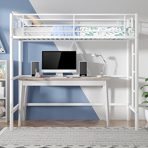 VECELO Metal Loft Bed Twin Size, Heavy Duty Bedframe with Removable Ladder and Safety Guardrail, Space-Saving, Noise Free, No Box Spring Needed, White