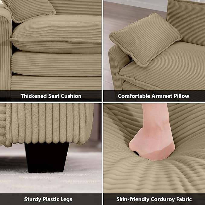 mikibama Luxury 3 Piece Sofa Set, 3-Seater & 2 Loveseat Couch Set, Modern Corduroy Comfy Cloud Couches Set for Living Room Office with 6 Armrest Pillows and 7 Toss Pillows, Camel