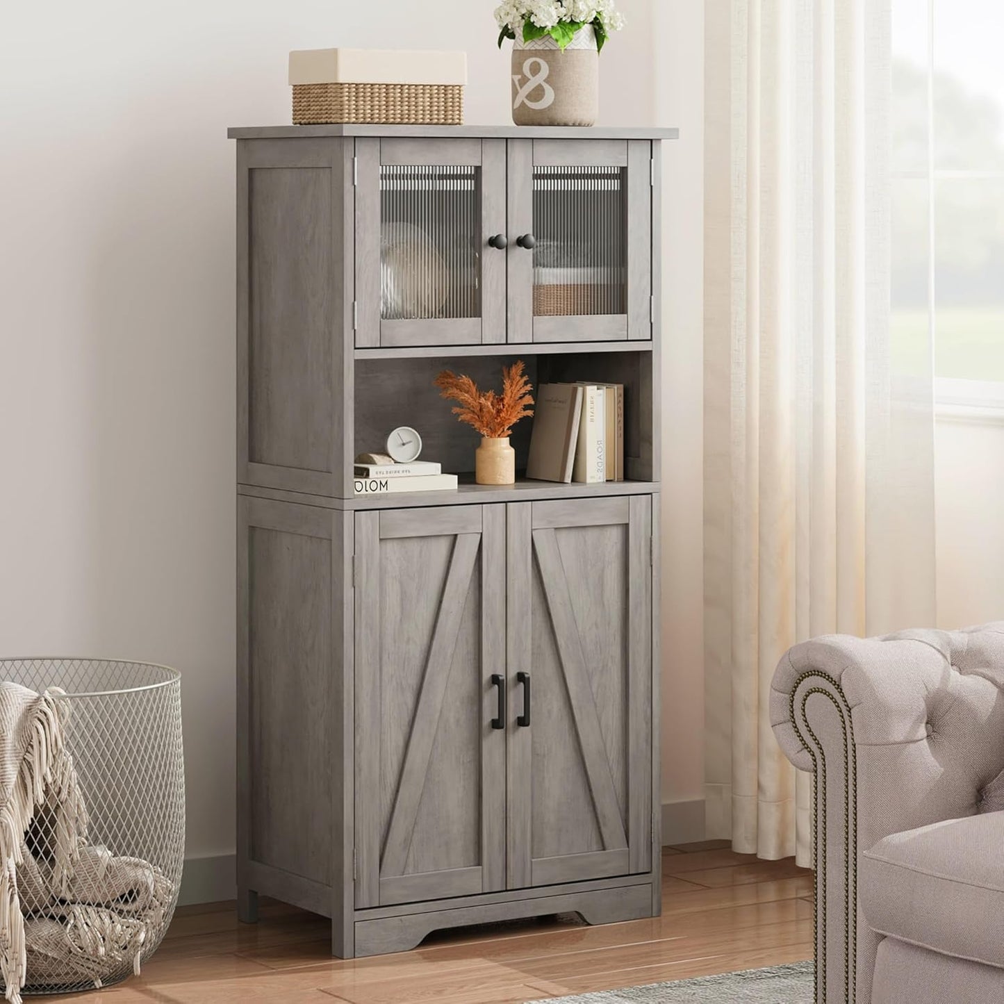 GarveeHome 54in Tall Bathroom Cabinet, Farmhouse Storage Cabinet with Glass Doors and Adjustable Shelves, Freestanding Kitchen Pantry Cabinets, Cupboard for Living Room, Dining Room, Gray